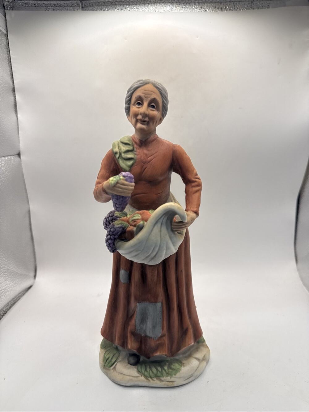 Vintage Frankel Porcelain Old Woman Figurine w/ Fruit Grapes Cornucopia Taiwan *